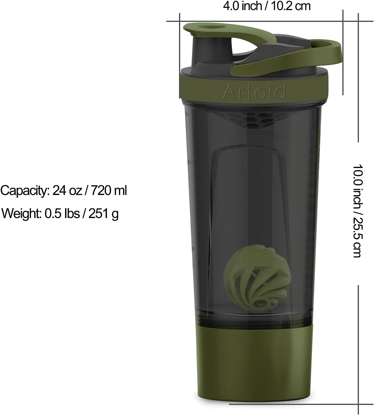 Artoid Sports Protein Shaker Bottle 24oz with Dual Mixing Technology, BPA-Free - Black/Moss Green
