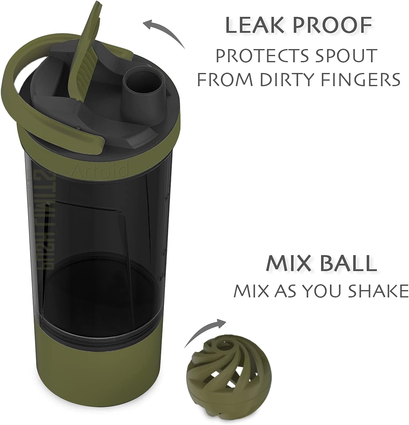 Artoid Sports Protein Shaker Bottle 24oz with Dual Mixing Technology, BPA-Free - Black/Moss Green
