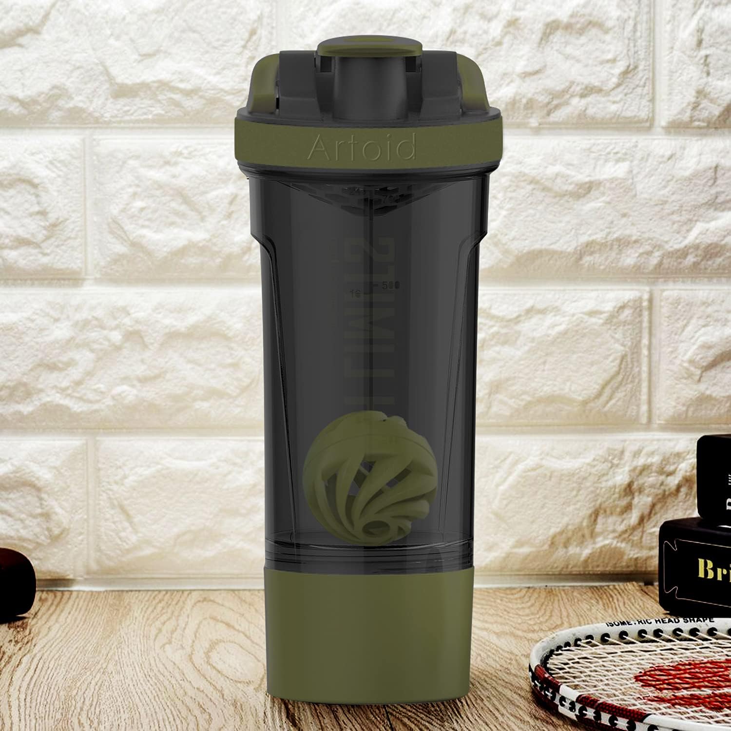 Artoid Sports Protein Shaker Bottle 24oz with Dual Mixing Technology, BPA-Free - Black/Moss Green