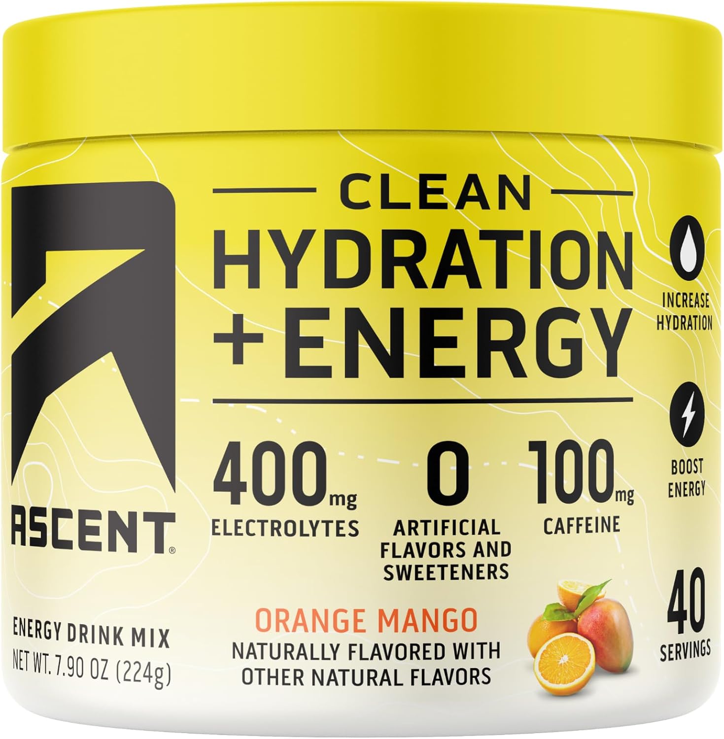 Ascent Clean Hydration + Energy Electrolytes Powder - Orange Mango Flavor, 40 Servings, Natural Ingredients, 100mg Caffeine, 400mg Electrolytes