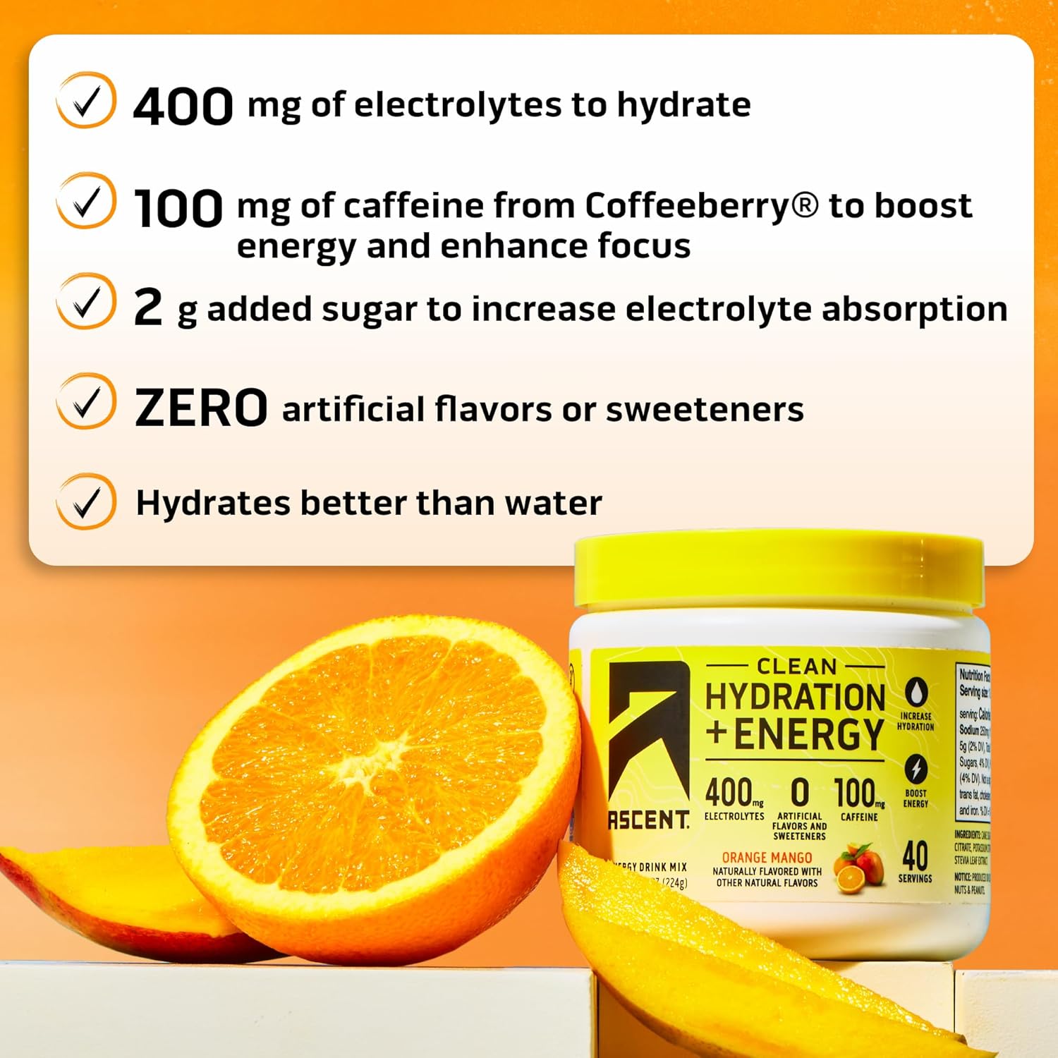 Ascent Clean Hydration + Energy Electrolytes Powder - Orange Mango Flavor, 40 Servings, Natural Ingredients, 100mg Caffeine, 400mg Electrolytes