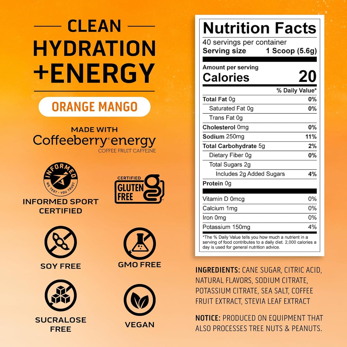Ascent Clean Hydration + Energy Electrolytes Powder - Orange Mango Flavor, 40 Servings, Natural Ingredients, 100mg Caffeine, 400mg Electrolytes