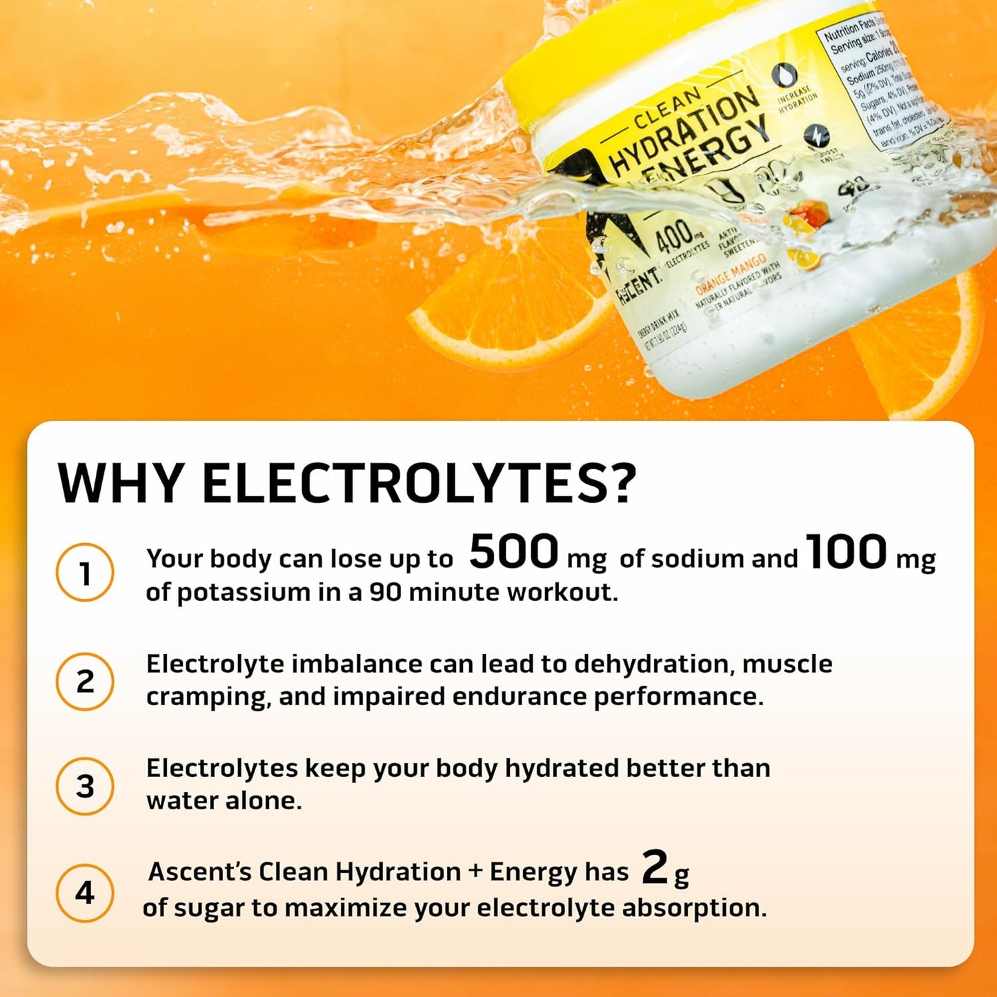 Ascent Clean Hydration + Energy Electrolytes Powder - Orange Mango Flavor, 40 Servings, Natural Ingredients, 100mg Caffeine, 400mg Electrolytes