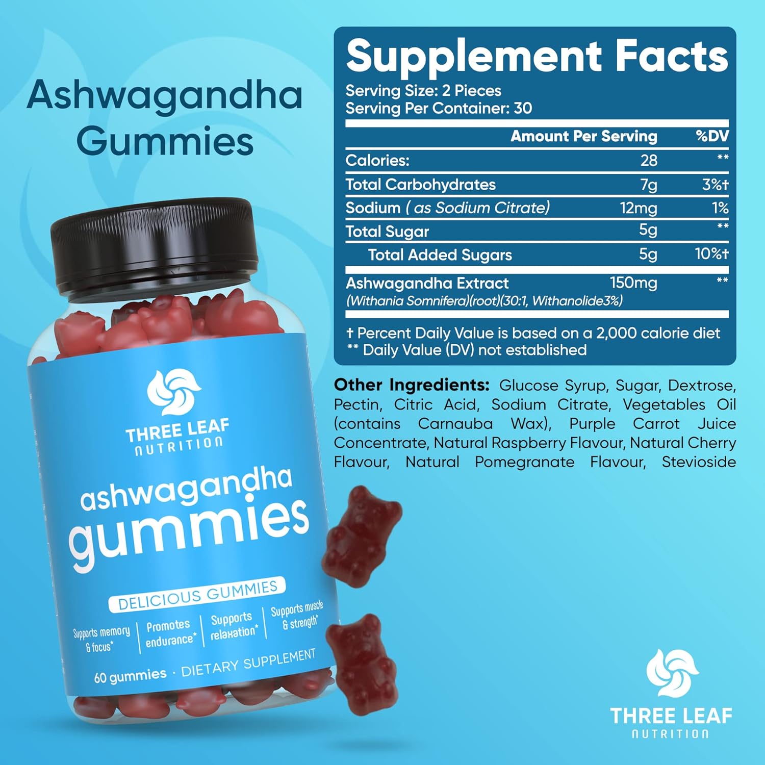 Ashwagandha Gummies for Focus, Memory, & Energy - 60 Count - Men & Women - Three Leaf Nutrition Supplement