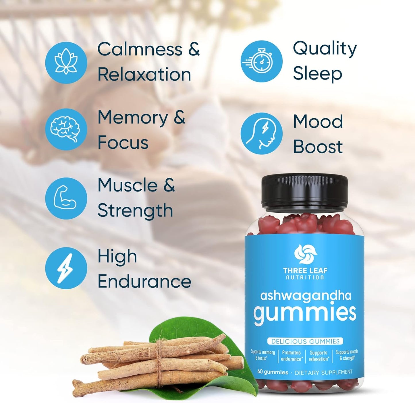 Ashwagandha Gummies for Focus, Memory, & Energy - 60 Count - Men & Women - Three Leaf Nutrition Supplement