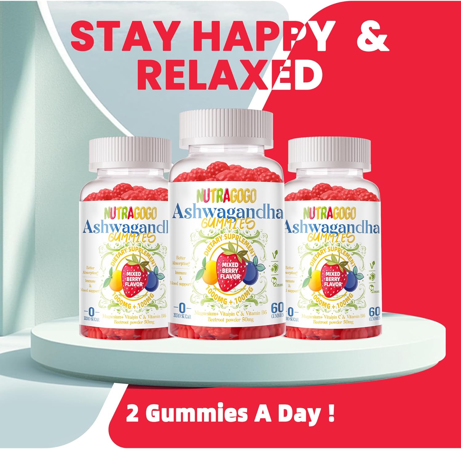 Ashwagandha Gummies for Stress Relief, Calm Mood & Cognitive Support - 60 Gummies for Men and Women