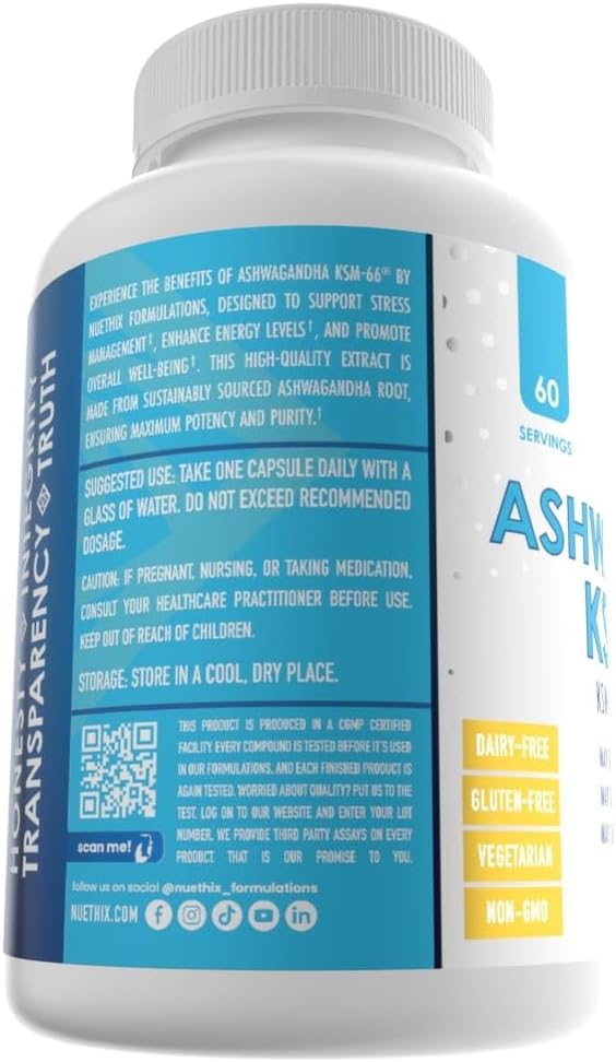 Ashwagandha KSM-66 Root Extract Capsules for Mood, Stress, Cognitive Support - 500mg w/ BioPerine - Gluten Free, Vegetarian, Non-GMO - 60 Servings