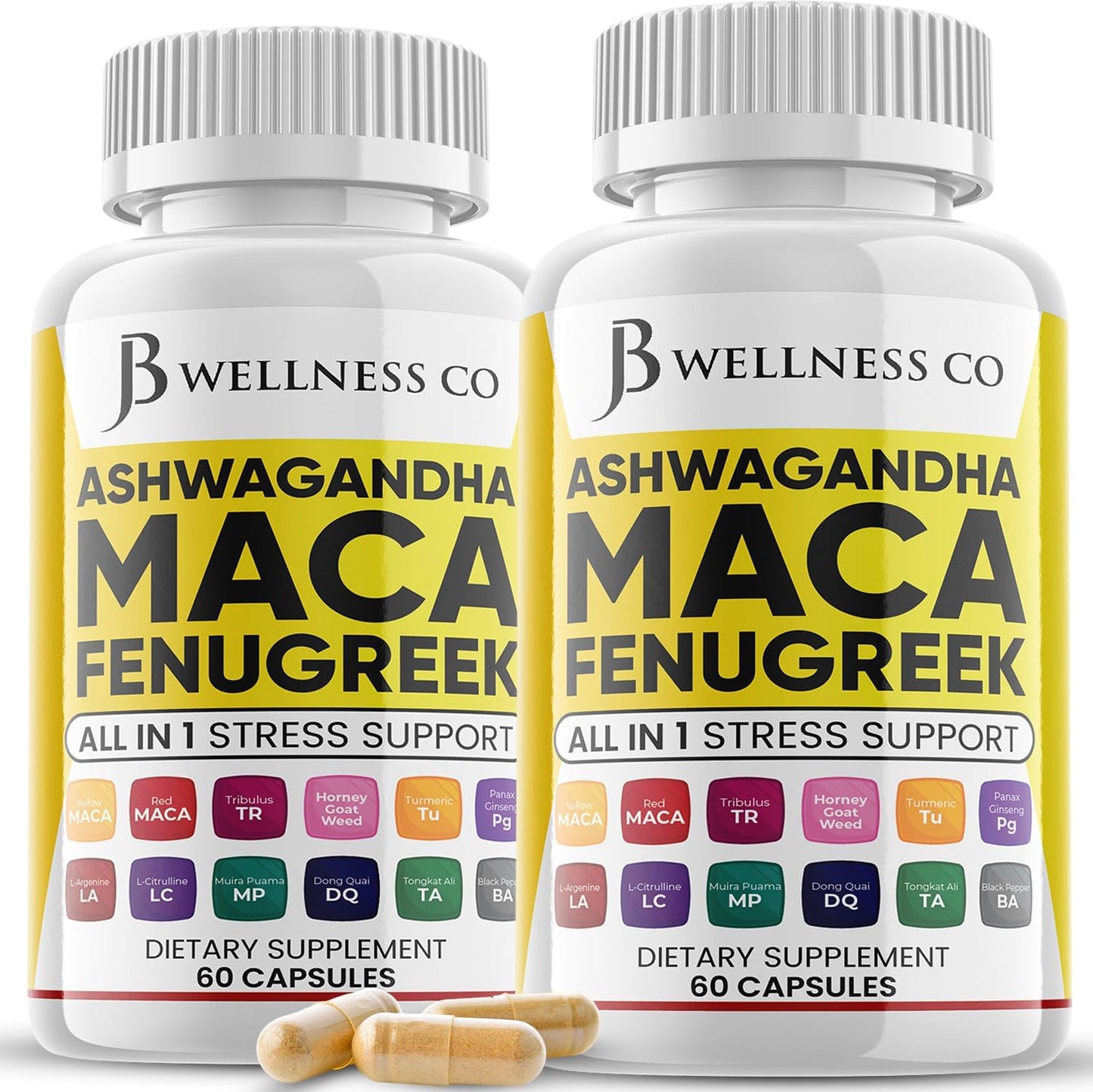 Ashwagandha Maca Root Fenugreek Supplement for Mood & Thyroid Health - USA Made - 120 Capsules by JB WELLNESS CO