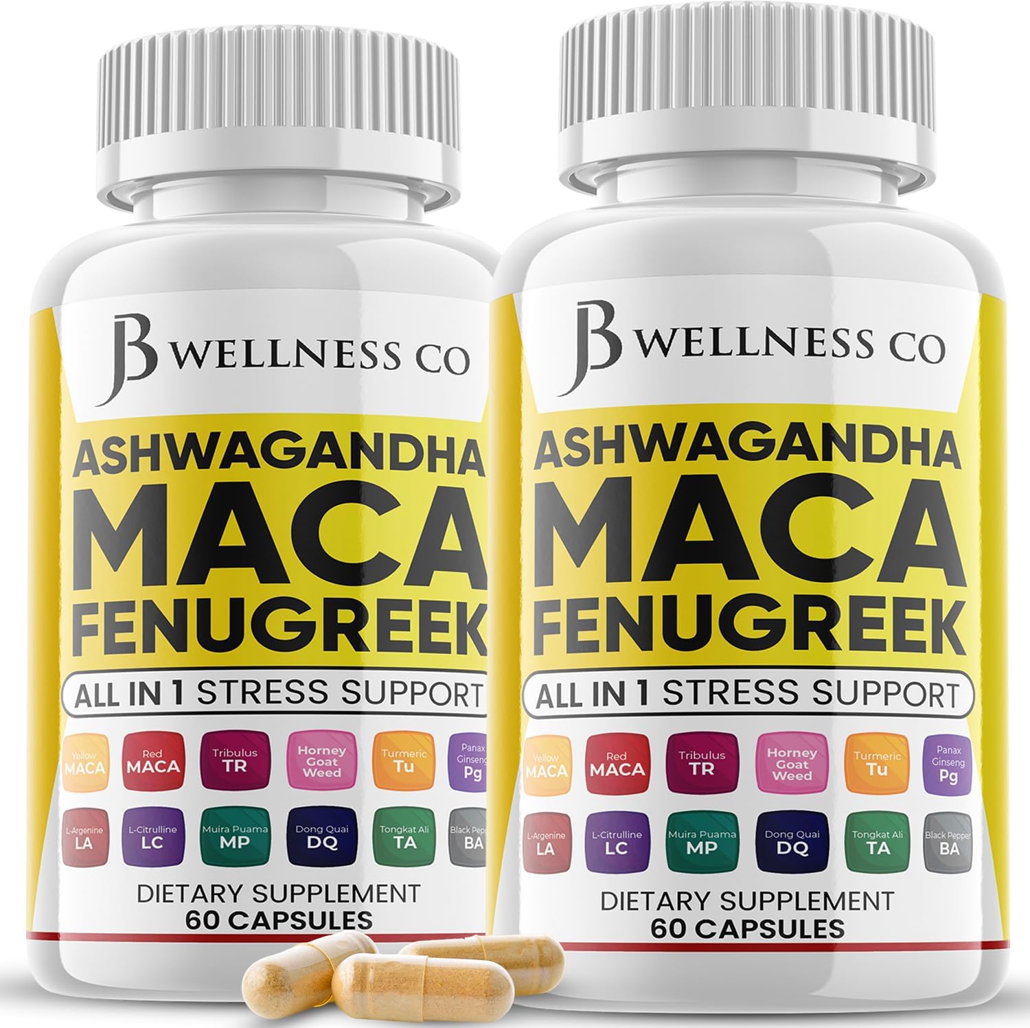 Ashwagandha Maca Root Fenugreek Supplement for Mood & Thyroid Health - USA Made - 120 Capsules by JB WELLNESS CO