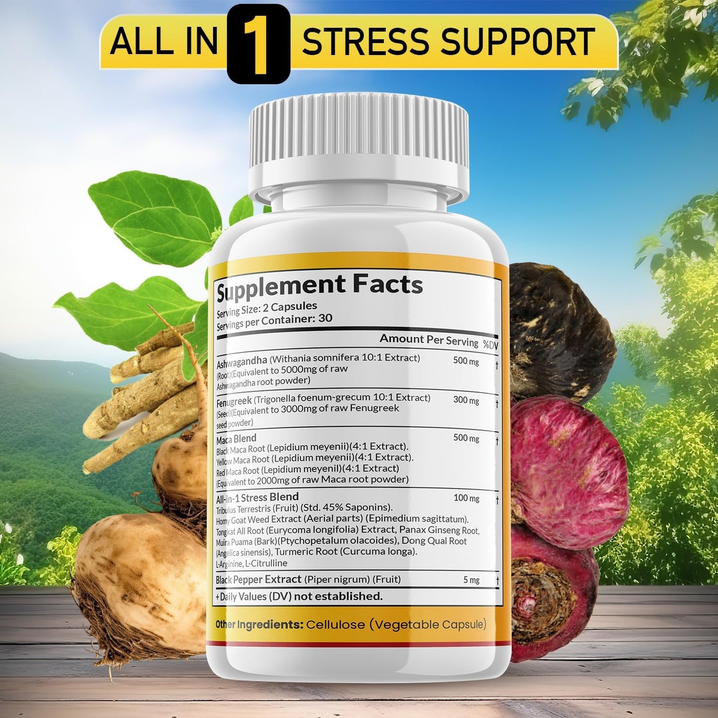 Ashwagandha Maca Root Fenugreek Supplement for Mood & Thyroid Health - USA Made - 120 Capsules by JB WELLNESS CO