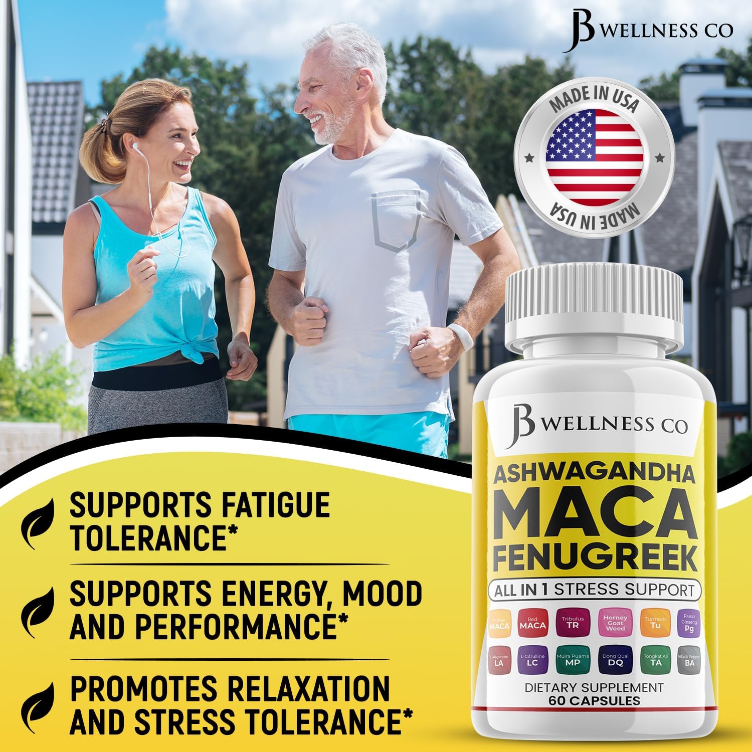 Ashwagandha Maca Root Fenugreek Supplement for Mood & Thyroid Health - USA Made - 120 Capsules by JB WELLNESS CO