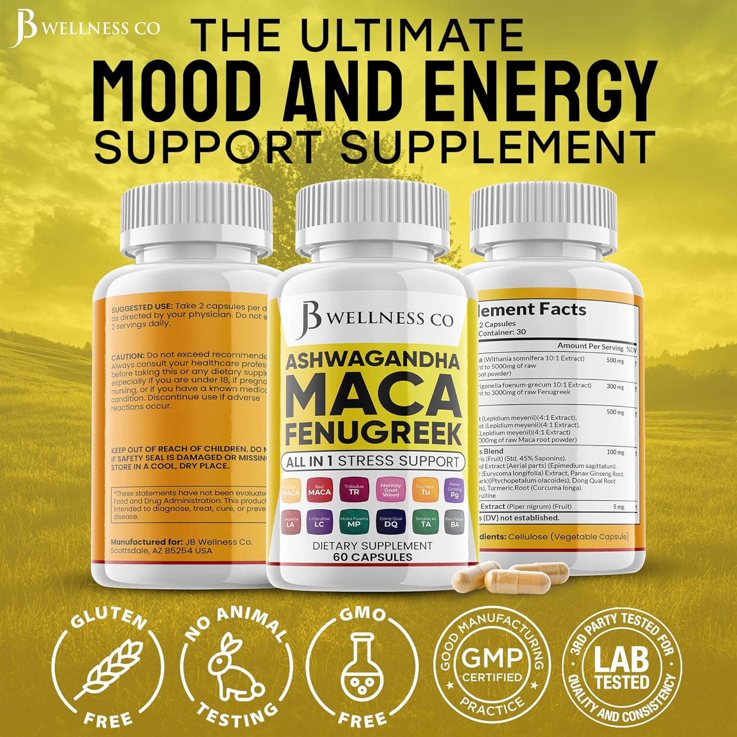 Ashwagandha Maca Root Fenugreek Supplement for Mood & Thyroid Health - USA Made - 120 Capsules by JB WELLNESS CO