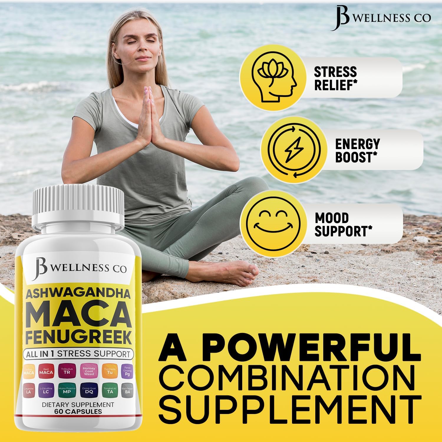 Ashwagandha Maca Root Fenugreek Supplement for Mood & Thyroid Health - USA Made - 120 Capsules by JB WELLNESS CO
