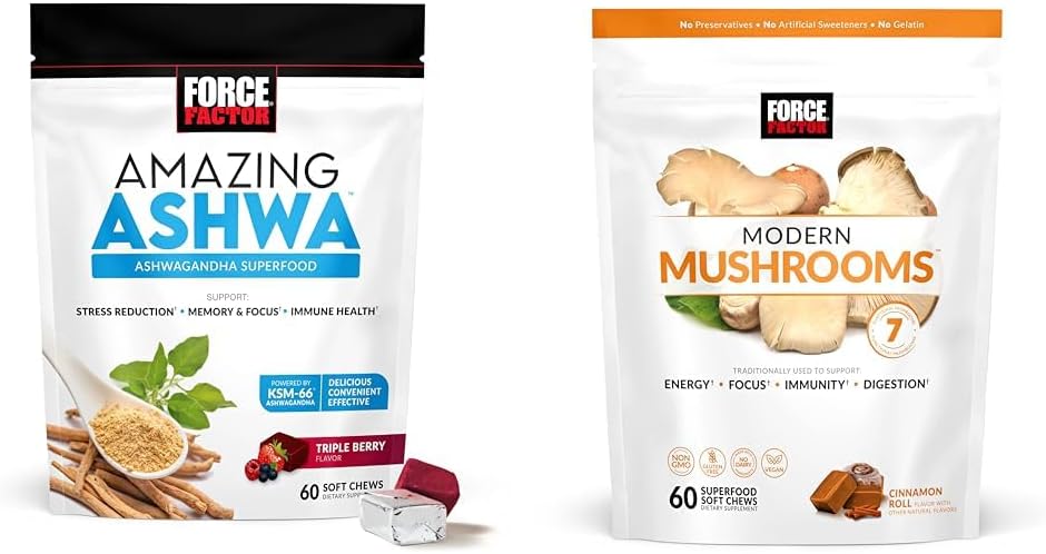 Ashwagandha & Mushroom Supplements Bundle with KSM-66, 7 Mushrooms, 60 Soft Chews - Boost Energy & Immunity