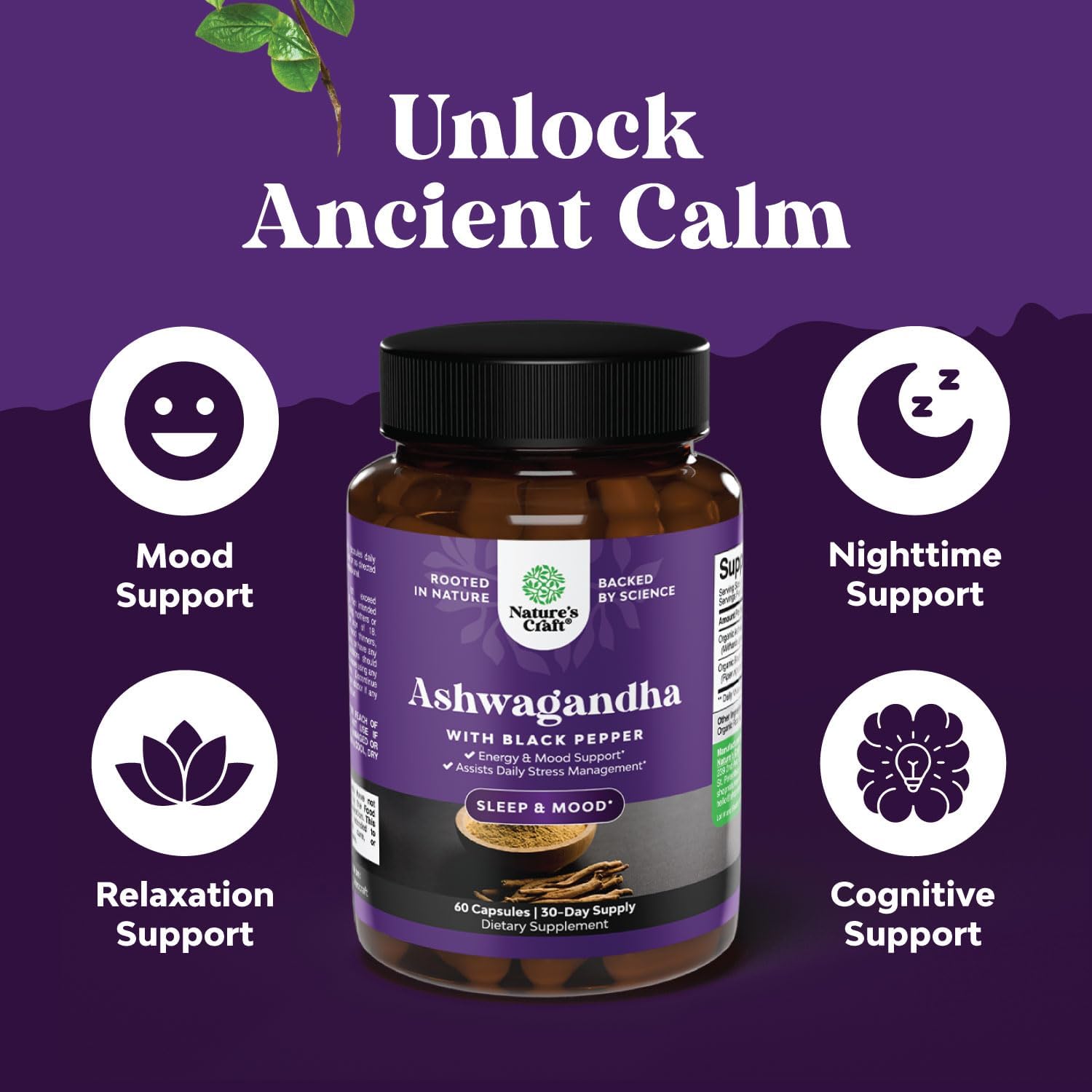 Ashwagandha Root Powder Capsules for Sleep, Mood Improvement, and Immune Support - Withania Somnifera Supplement for Men and Women