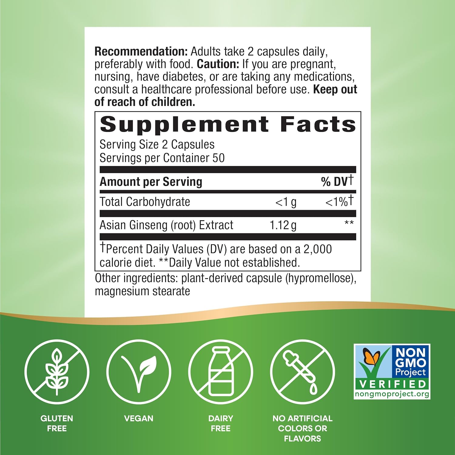 Asian Ginseng Capsules - Fight Fatigue with 1,120mg Per Serving - Non-GMO, Vegan - 100 Capsules