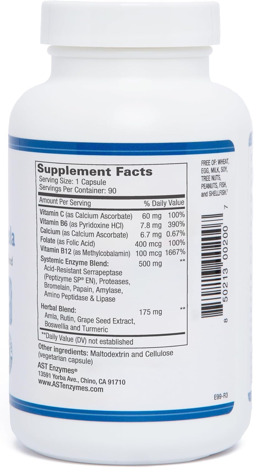 AST Enzymes Ultimate Metabolic Formula with Acid-Resistant Serrapeptase for Joint Support & Injury Recovery - 90 Capsules