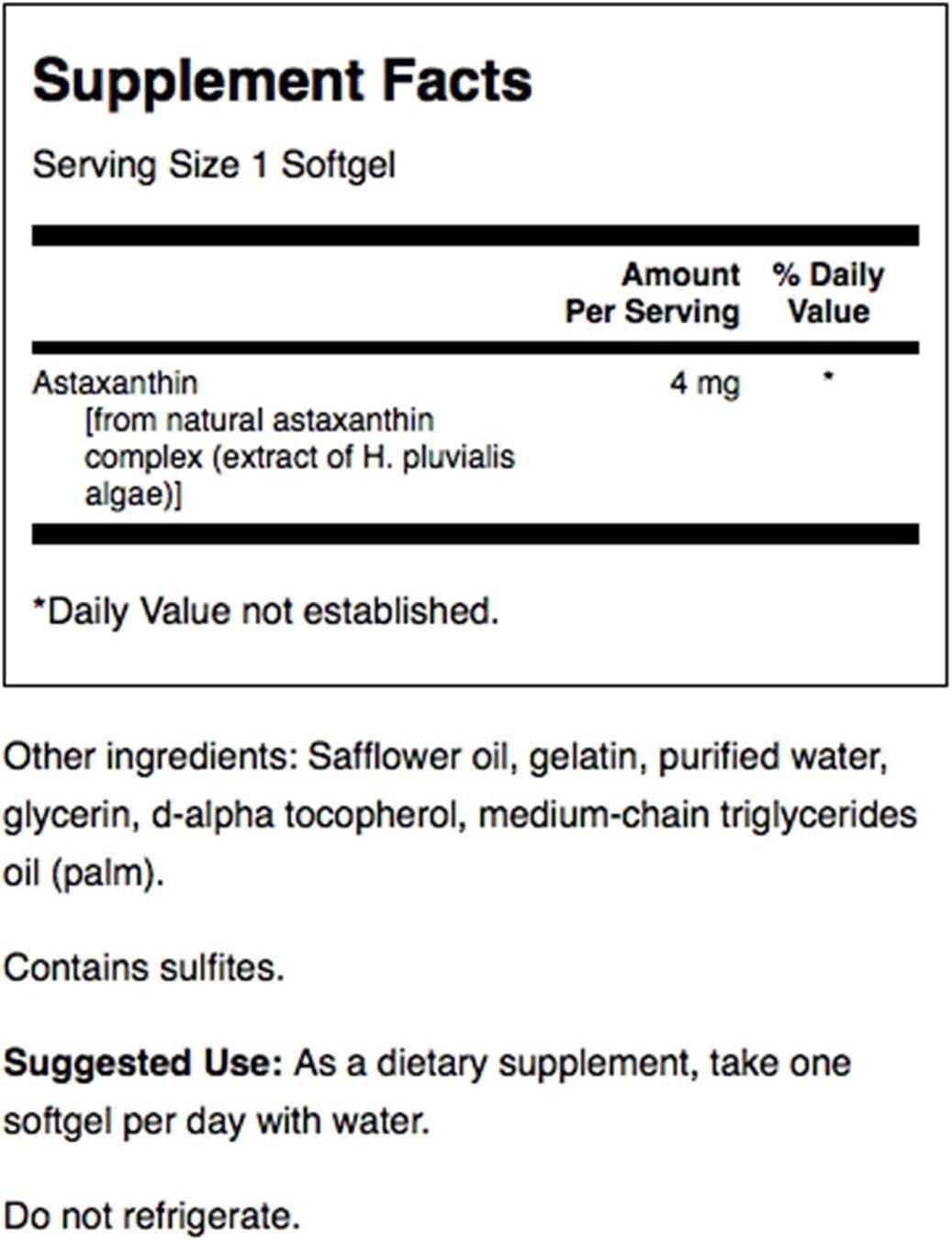 Astaxanthin 4 mg Supplement for Eye, Brain, and Skin Health - 60 Softgels