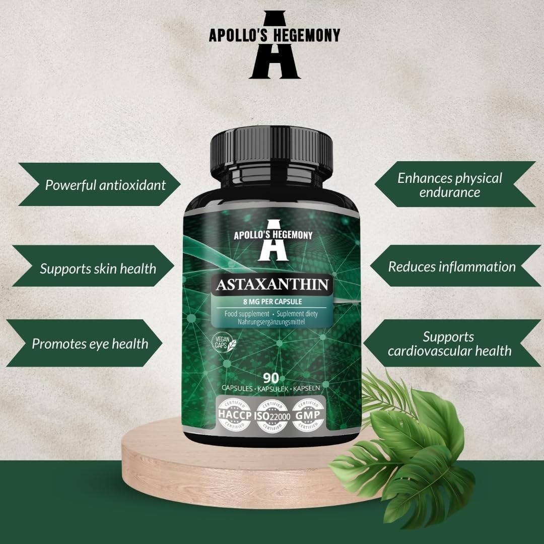 Astaxanthin 8mg Vegan Capsules - 90 Count - Antioxidant from Microalgae - 3 Month Supply - Dietary Supplement by Apollo's Hegemony
