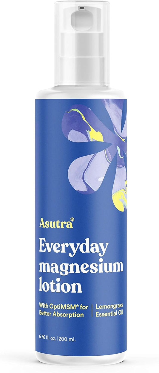 ASUTRA Everyday Magnesium Lotion with OptiMSM - Rapid Absorption, Vitamins A & E, Lemongrass Essential Oil - 6.76 fl oz