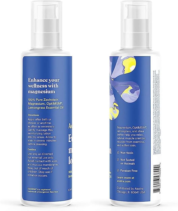 ASUTRA Everyday Magnesium Lotion with OptiMSM - Rapid Absorption, Vitamins A & E, Lemongrass Essential Oil - 6.76 fl oz