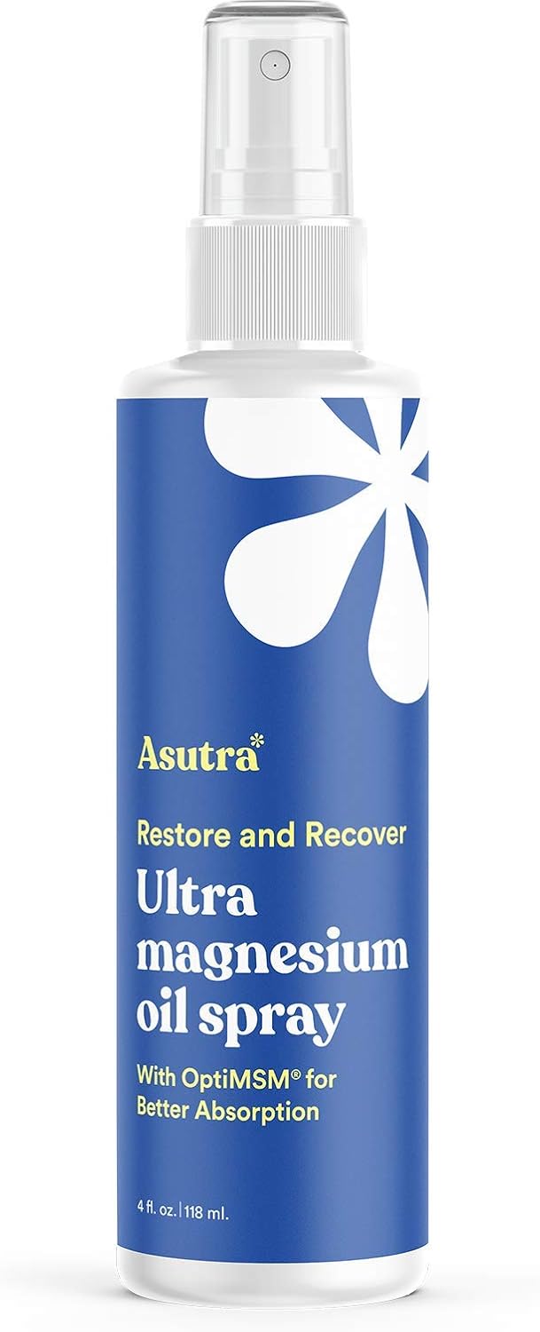 ASUTRA Ultra Magnesium Oil Spray with OptiMSM, 4 fl oz - Fast-Absorbing Pure Magnesium from Zechstein Seabed - Odorless and Non-Greasy Formula