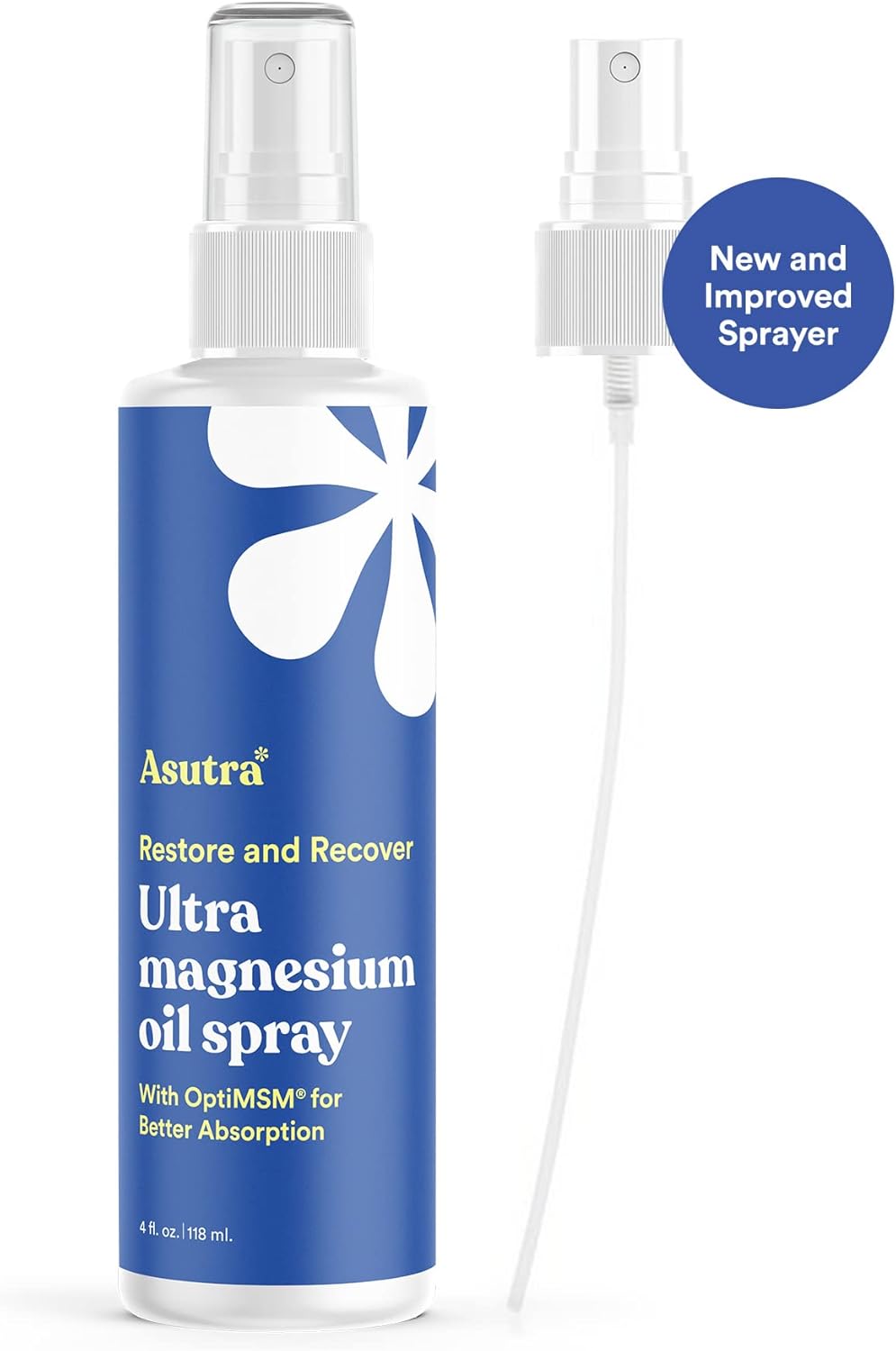 ASUTRA Ultra Magnesium Oil Spray with OptiMSM, 4 fl oz - Fast-Absorbing Pure Magnesium from Zechstein Seabed - Odorless and Non-Greasy Formula
