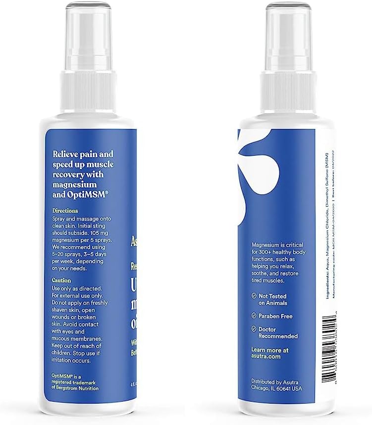 ASUTRA Ultra Magnesium Oil Spray with OptiMSM, 4 fl oz - Fast-Absorbing Pure Magnesium from Zechstein Seabed - Odorless and Non-Greasy Formula