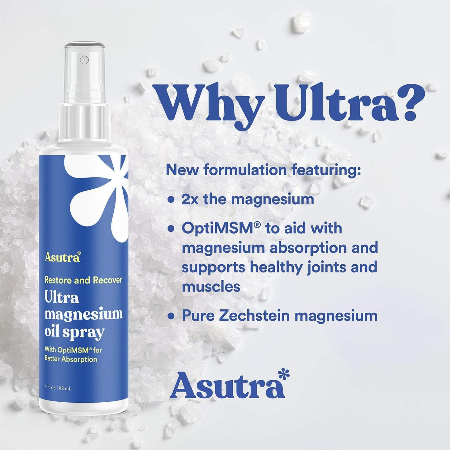 ASUTRA Ultra Magnesium Oil Spray with OptiMSM, 4 fl oz - Fast-Absorbing Pure Magnesium from Zechstein Seabed - Odorless and Non-Greasy Formula