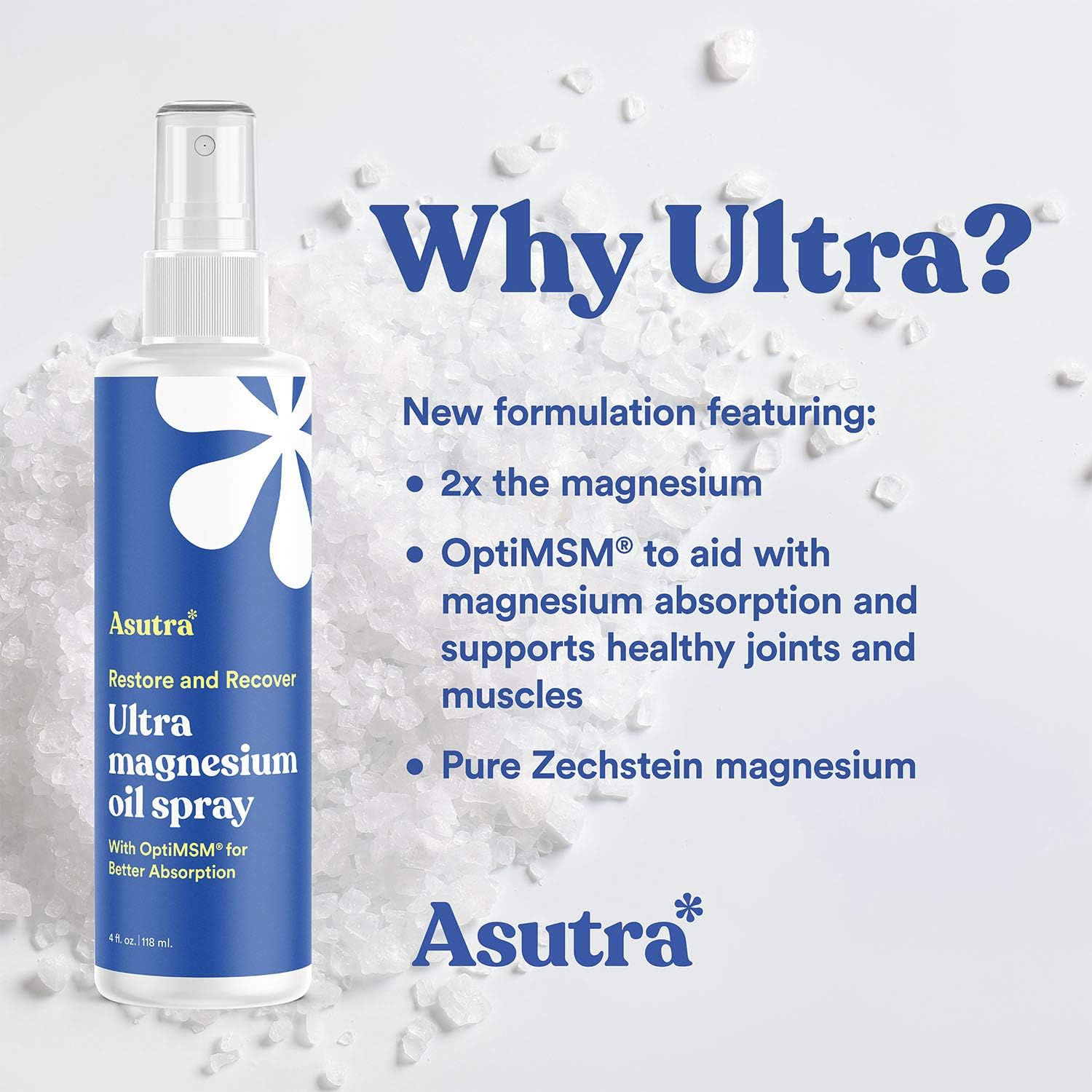 ASUTRA Ultra Magnesium Oil Spray with OptiMSM, 4 fl oz - Fast-Absorbing Pure Magnesium from Zechstein Seabed - Odorless and Non-Greasy Formula