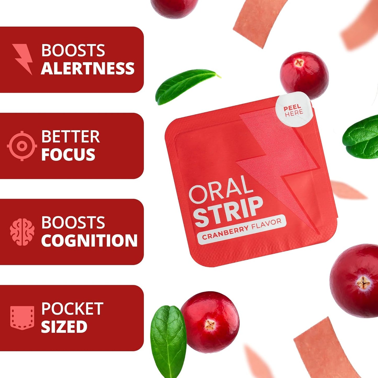 Athena Cranberry Green Tea Energy Strips with L Theanine & B12 - Boost Focus & Endurance - Vegan & Sugar Free - 30 Oral Strips