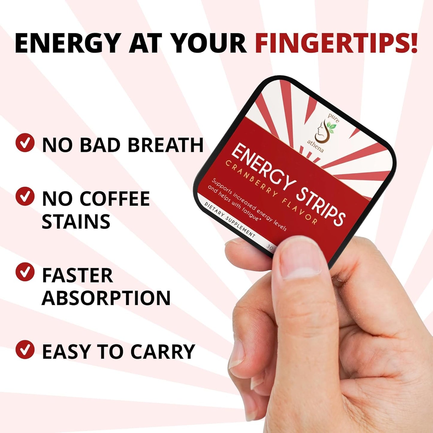 Athena Cranberry Green Tea Energy Strips with L Theanine & B12 - Boost Focus & Endurance - Vegan & Sugar Free - 30 Oral Strips