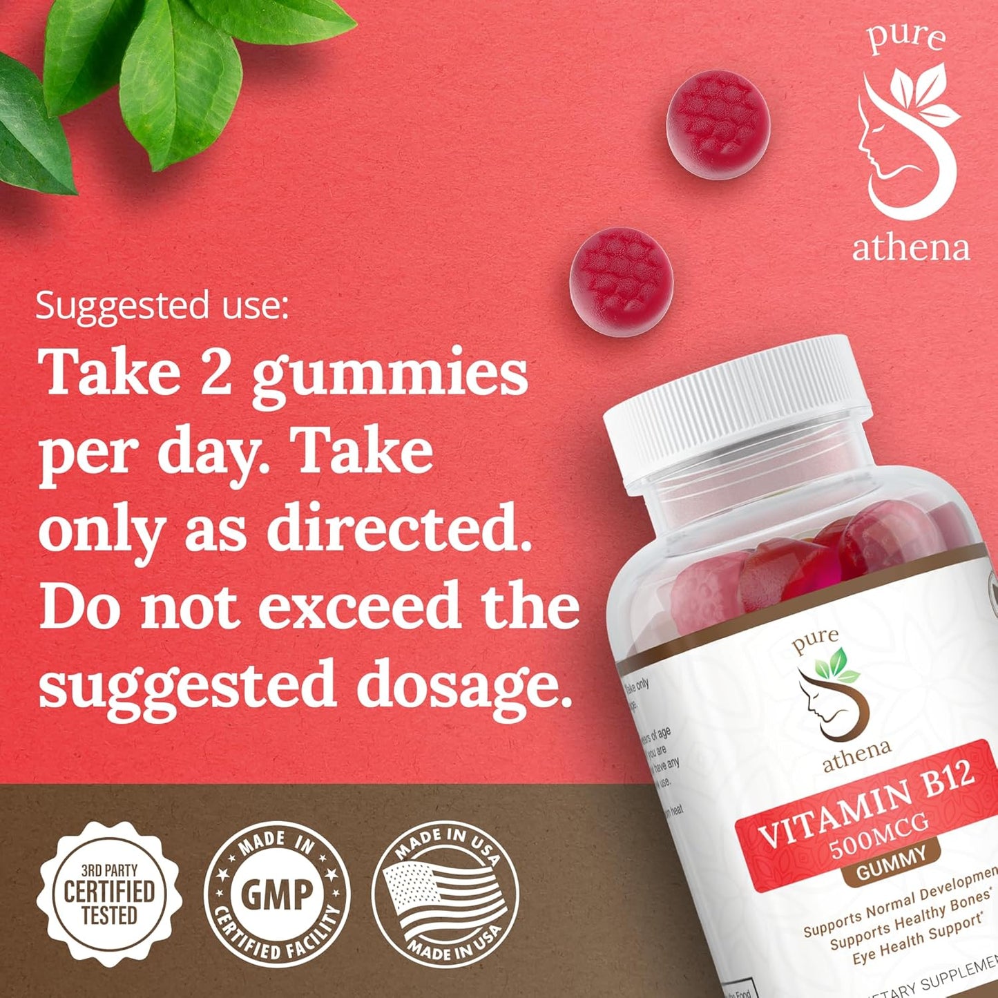 Athena Vitamin B12 Gummy Energy Vitamins for Adults - 1000mcg Sodium Gummies for Bone Health and Immune Support - 60 Raspberry Flavored Gummies