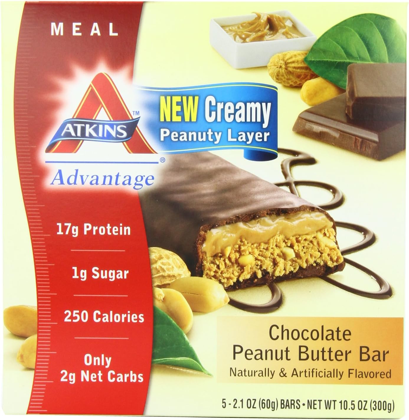 Atkins Advantage Bars, Chocolate Peanut Butter, 2.1 oz, 5 Bars, Pack of 2