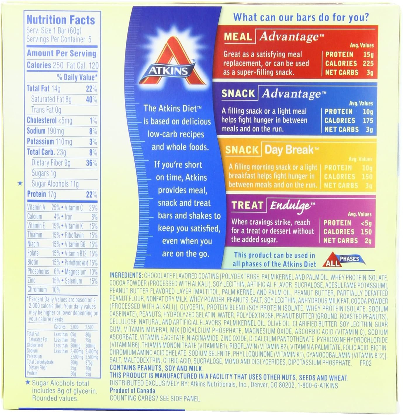 Atkins Advantage Bars, Chocolate Peanut Butter, 2.1 oz, 5 Bars, Pack of 2