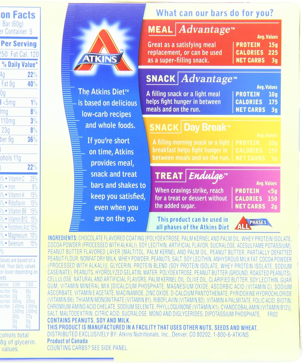 Atkins Advantage Bars, Chocolate Peanut Butter, 2.1 oz, 5 Bars, Pack of 2