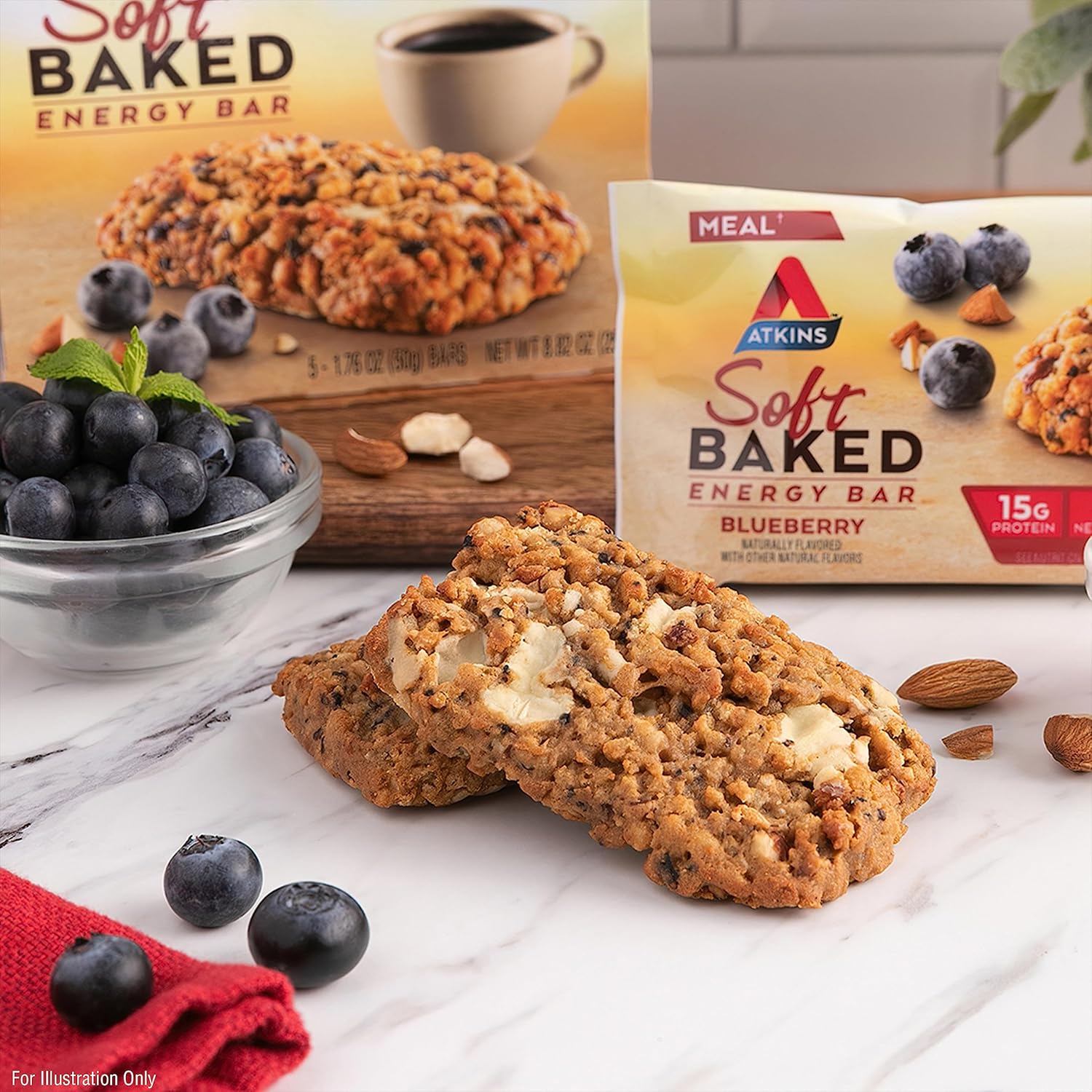 Atkins Blueberry Soft Baked Energy Bars - 15g Protein, 2g Sugar, High Fiber, Low Carb - 20 Bars