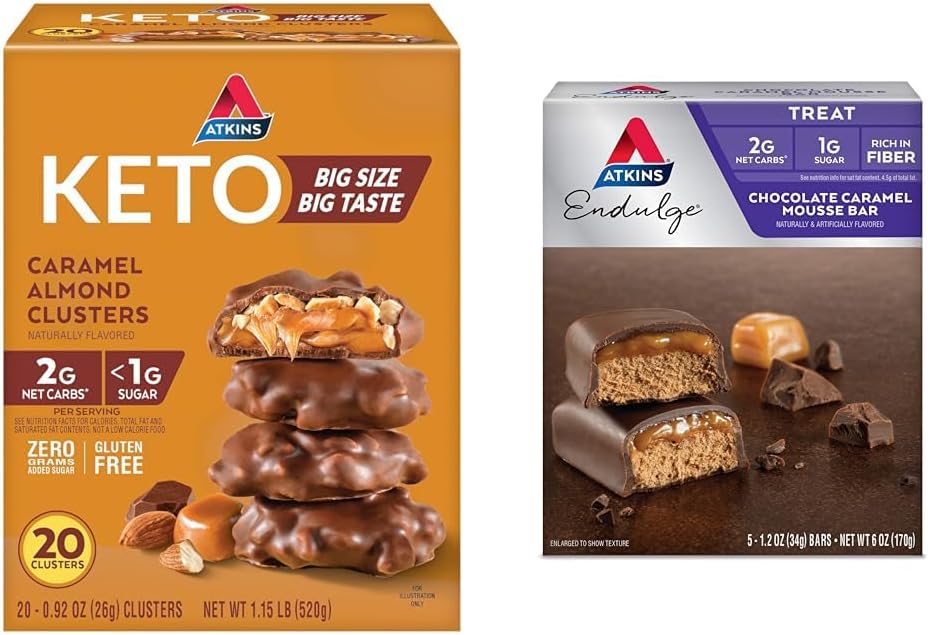 Atkins Caramel Almond Clusters & Endulge Chocolate Caramel Mousse Bar Bundle - Keto Friendly, Gluten Free, High Fiber, Low Sugar - 25 Count