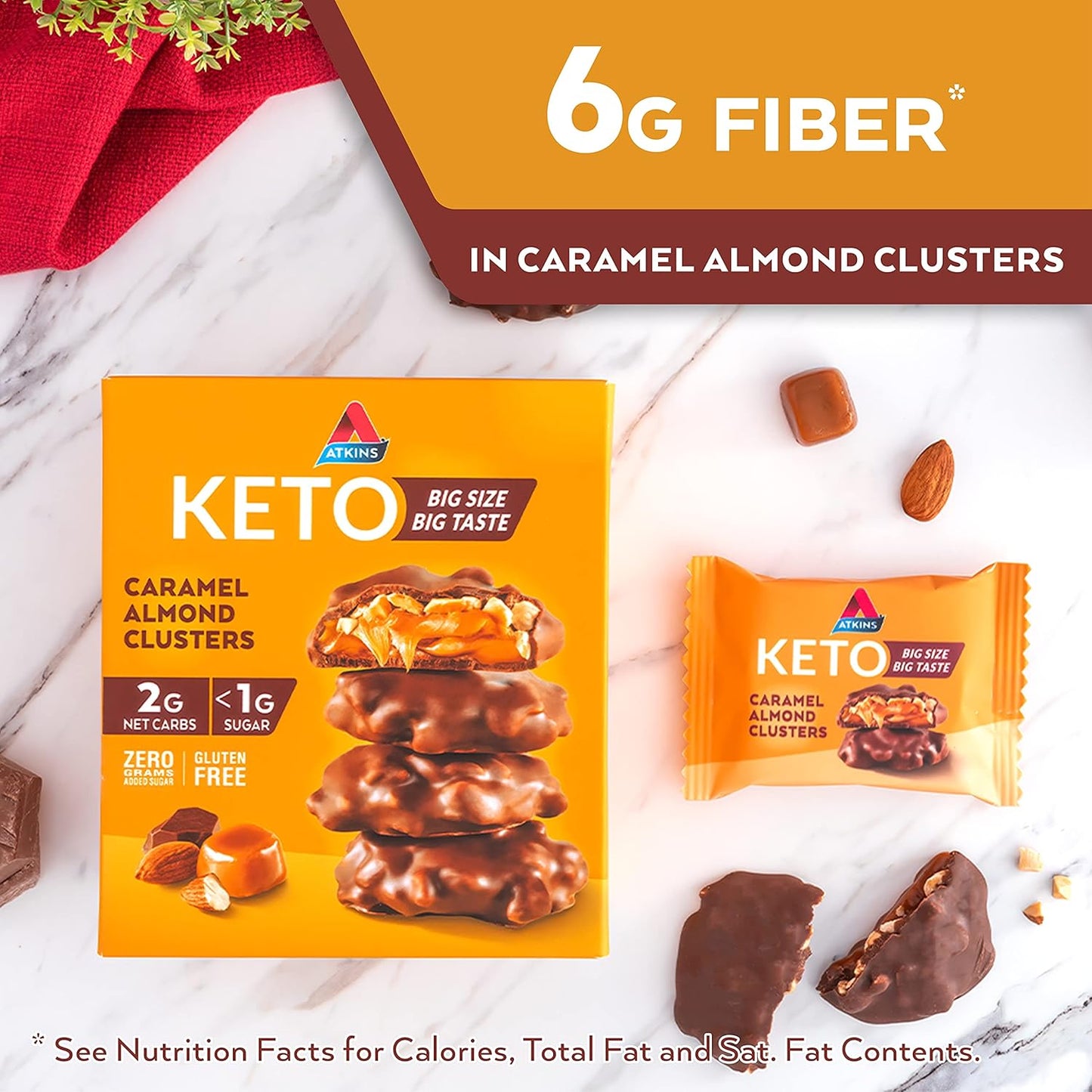 Atkins Caramel Almond Clusters: Gluten Free, High Fiber, Low Sugar, Keto Friendly, 8-Pack
