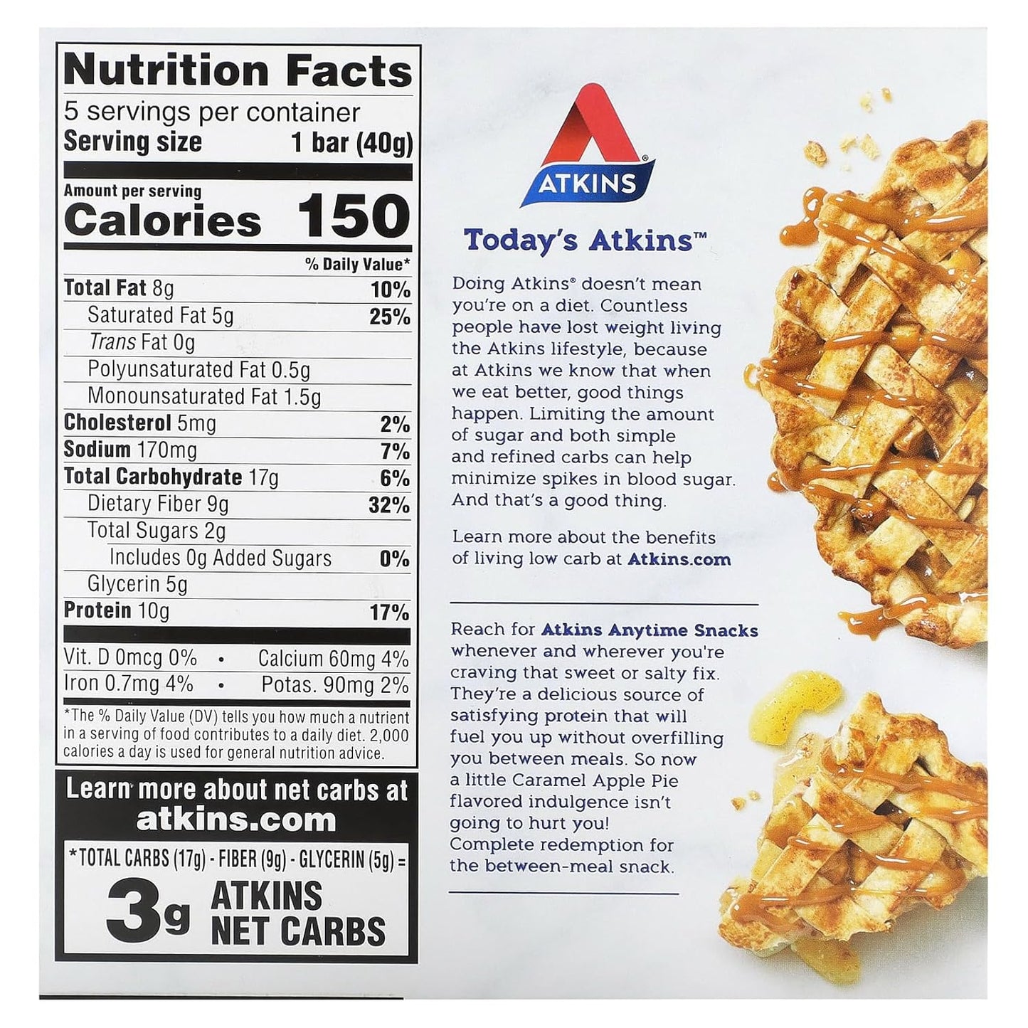 Atkins Caramel Apple Pie Snack Bars, 5 Bars, 1.41 oz (40 g) Each - Low Carb and High Protein Option