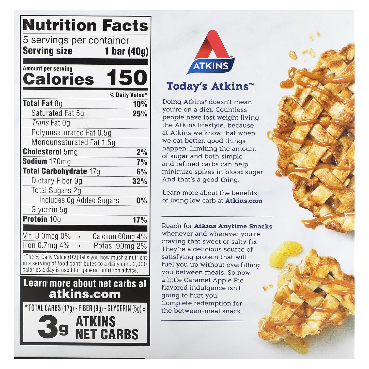 Atkins Caramel Apple Pie Snack Bars, 5 Bars, 1.41 oz (40 g) Each - Low Carb and High Protein Option