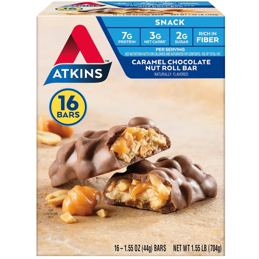 Atkins Caramel Chocolate Nut Roll Bars - High Protein, Fiber-Rich Snack with 2g Sugar, 16-Pack