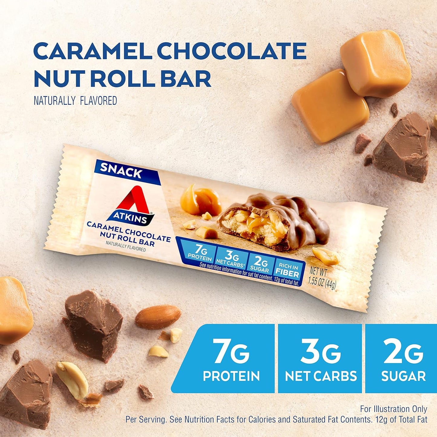 Atkins Caramel Chocolate Nut Roll Bars - High Protein, Fiber-Rich Snack with 2g Sugar, 16-Pack