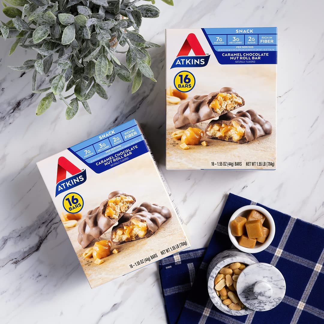 Atkins Caramel Chocolate Nut Roll Bars - High Protein, Fiber-Rich Snack with 2g Sugar, 16-Pack
