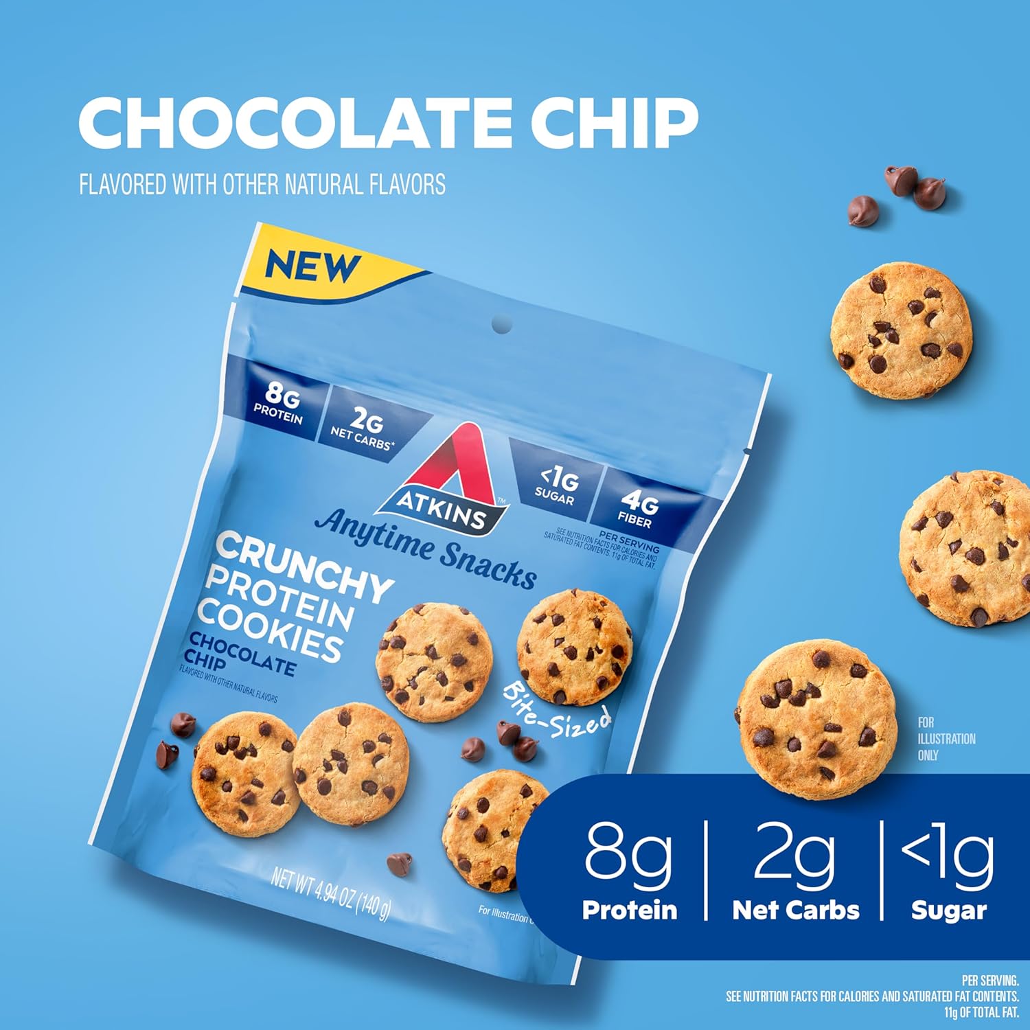 Atkins Chocolate Chip Protein Cookies, Bite-Sized Crunchy Snack, Keto Friendly with 8g Protein, 4g Fiber, 1g Net Carb, 1g Sugar - 3 Bags