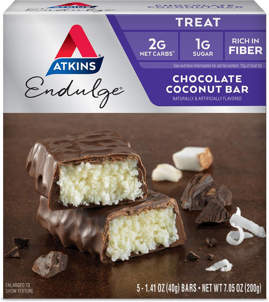 Atkins Chocolate Coconut Bar - Dessert Favorite, High Fiber, Low Sugar - 5 Count