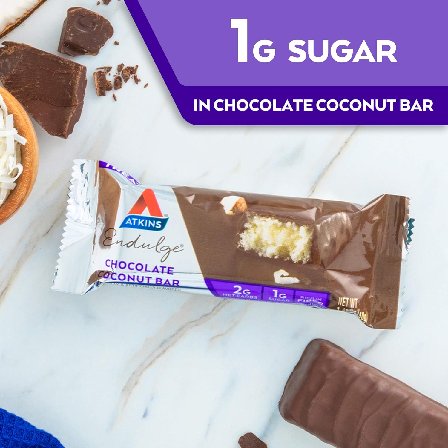 Atkins Chocolate Coconut Bar - Dessert Favorite, High Fiber, Low Sugar - 5 Count