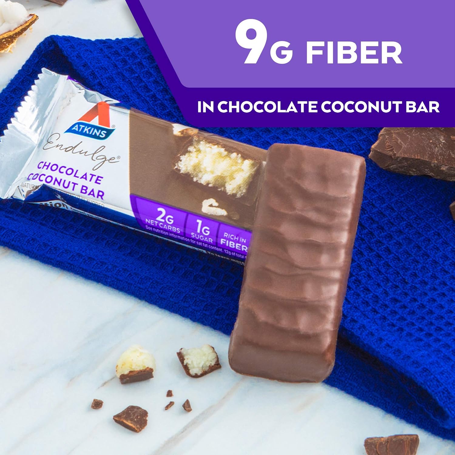 Atkins Chocolate Coconut Bar - Dessert Favorite, High Fiber, Low Sugar - 5 Count