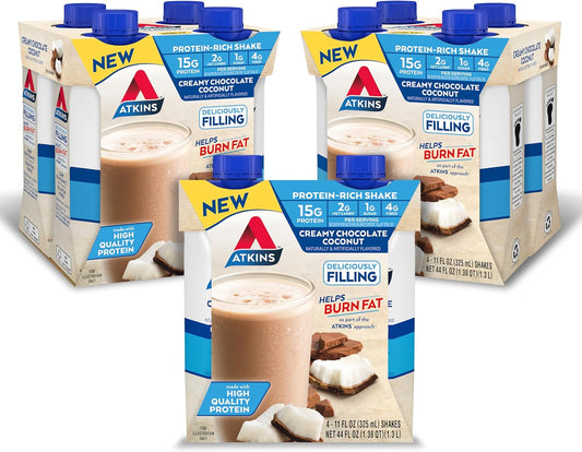 Atkins Creamy Chocolate Coconut Protein Shake - 15g Protein, 2g Net Carbs, 1g Sugar - Keto Friendly - 12 Pack