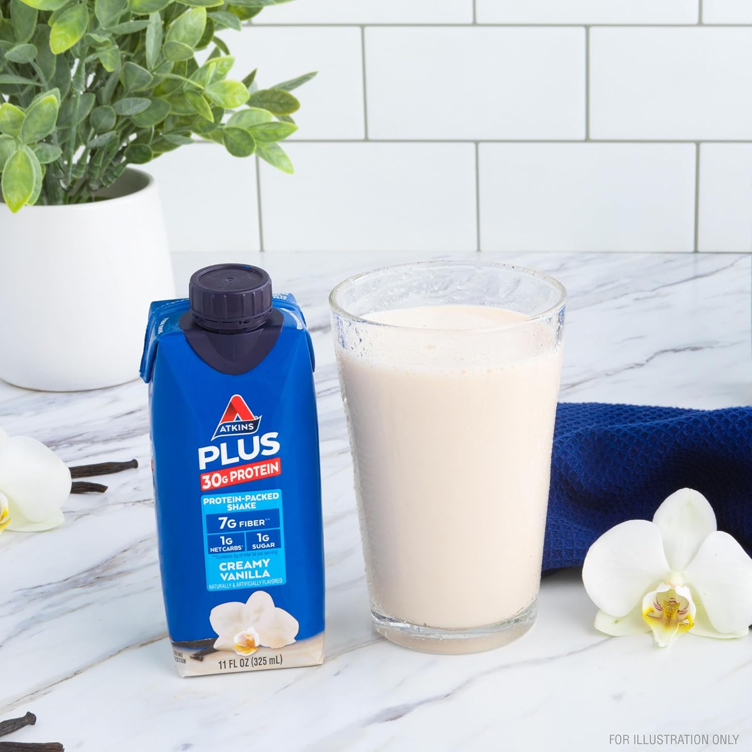 Atkins Creamy Vanilla Protein Shake 12-Pack - 30g Protein, 7g Fiber, 1g Net Carb, Keto Friendly